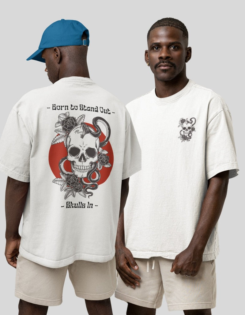 Born to be Stand Out Skull Graphic Printed White Oversized T-shirt 1