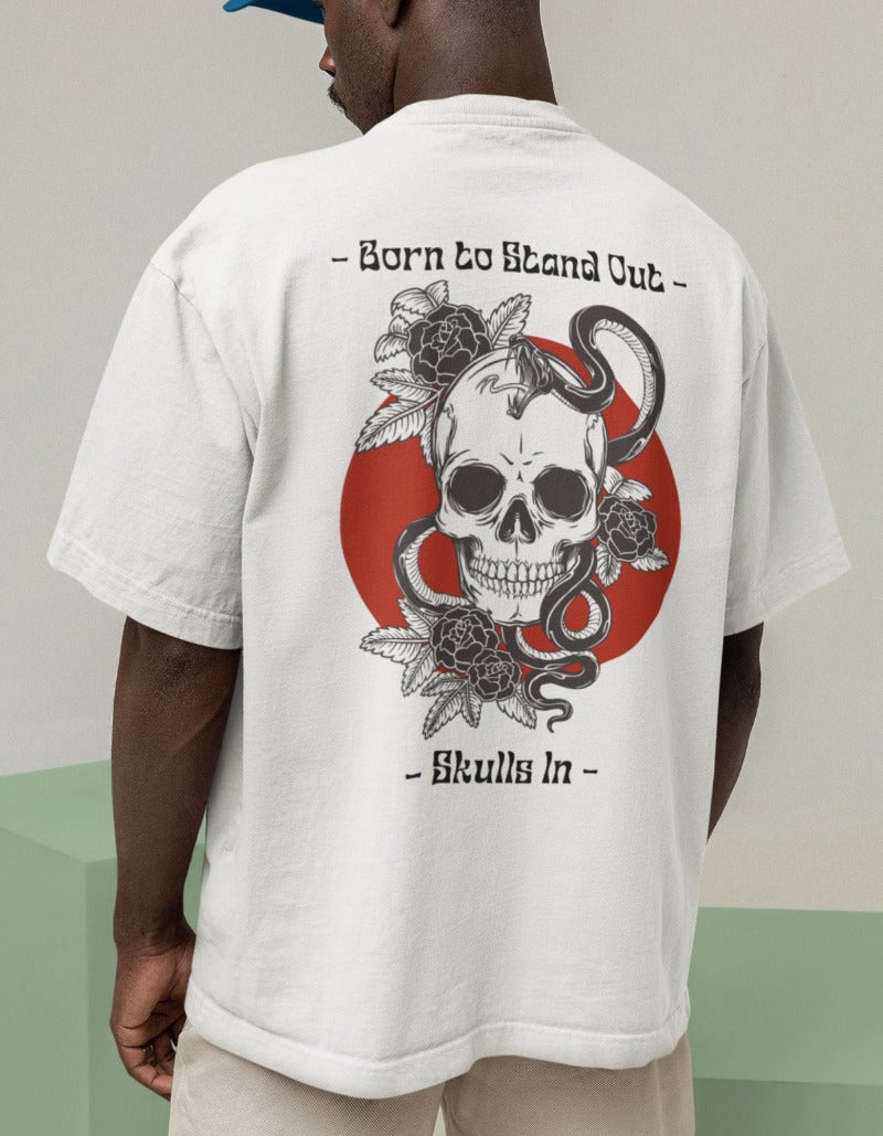 Born to be Stand Out Skull Graphic Printed White Oversized T-shirt